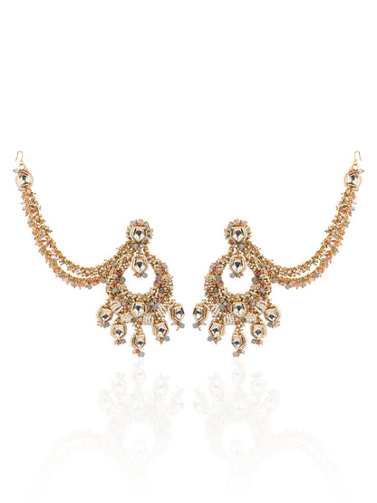 Chandbali Designed On Golden Base Metal With Multicolour Stones And Side Hair Extensions And Gold Plated Premium Kundan