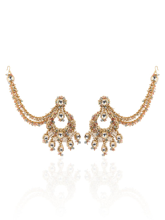 Chandbali Designed On Golden Base Metal With Multicolour Stones And Side Hair Extensions And Gold Plated Premium Kundan