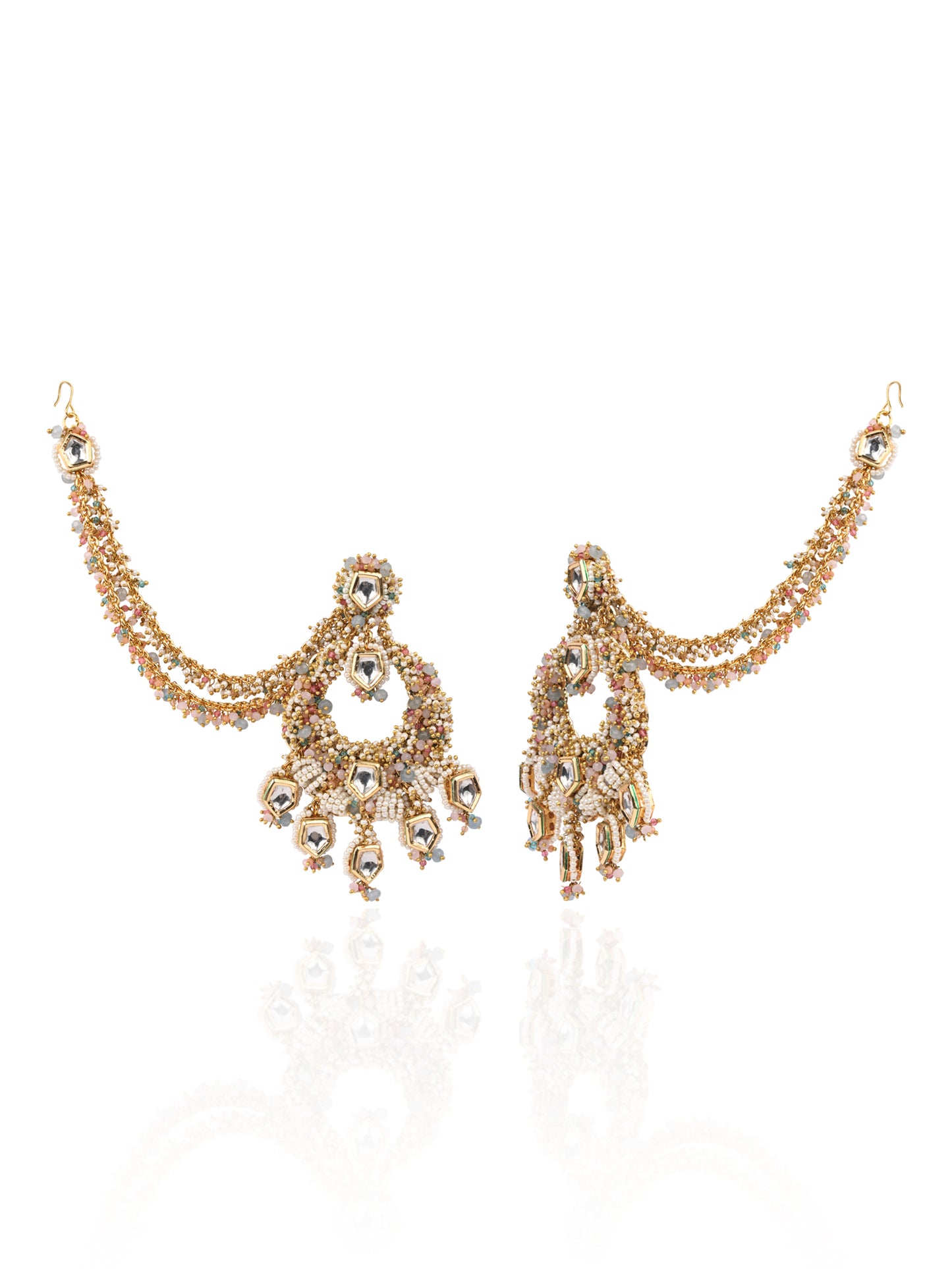 Chandbali Designed On Golden Base Metal With Multicolour Stones And Side Hair Extensions And Gold Plated Premium Kundan