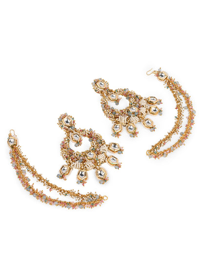 Chandbali Designed On Golden Base Metal With Multicolour Stones And Side Hair Extensions And Gold Plated Premium Kundan