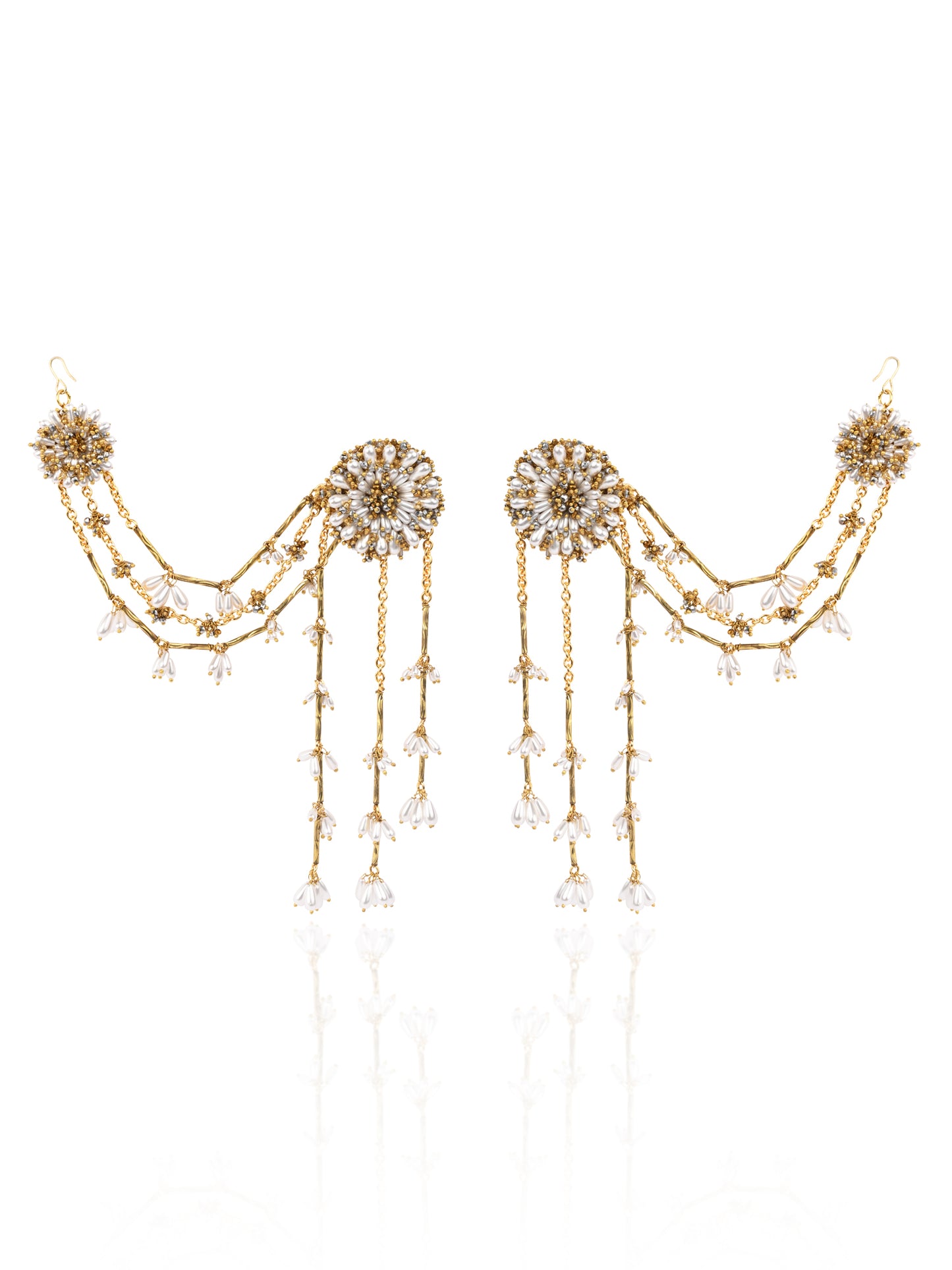 Drop Pearl Round Stud Earrings With Golden Long Hanging And Side Extensions To Attach On Your Hair Style