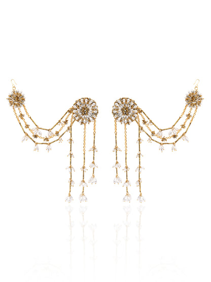 Drop Pearl Round Stud Earrings With Golden Long Hanging And Side Extensions To Attach On Your Hair Style