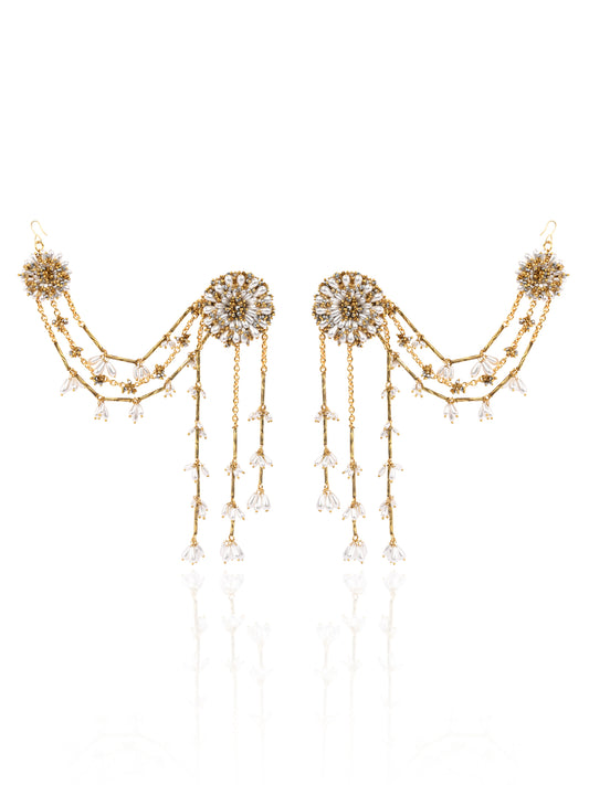 Drop Pearl Round Stud Earrings With Golden Long Hanging And Side Extensions To Attach On Your Hair Style
