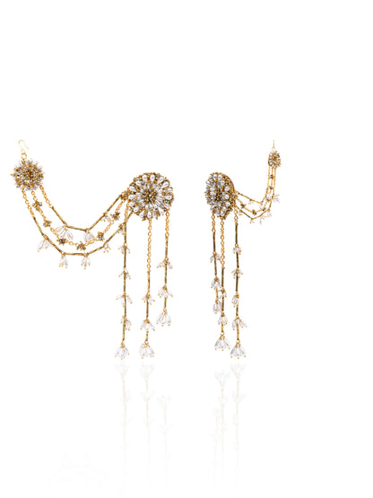 Drop Pearl Round Stud Earrings With Golden Long Hanging And Side Extensions To Attach On Your Hair Style