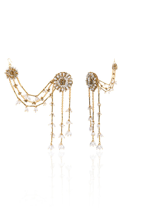 Drop Pearl Round Stud Earrings With Golden Long Hanging And Side Extensions To Attach On Your Hair Style