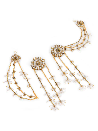 Drop Pearl Round Stud Earrings With Golden Long Hanging And Side Extensions To Attach On Your Hair Style