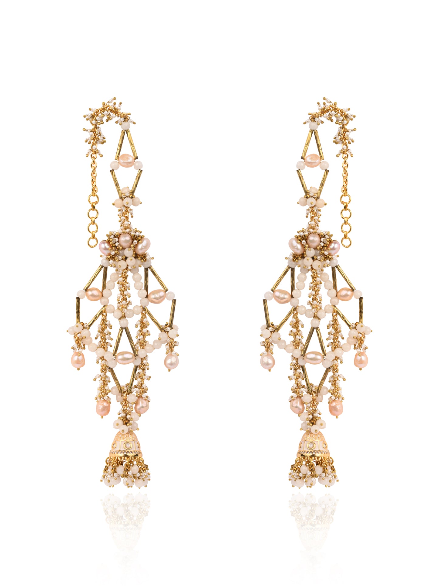 Long Gold Plated Handcrafted Earrings With Jhumka And Versatile White Stones
