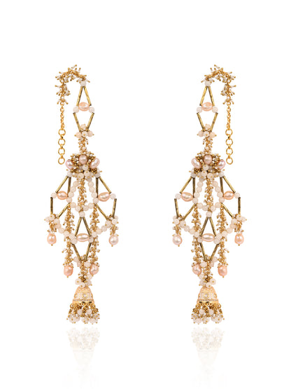 Long Gold Plated Handcrafted Earrings With Jhumka And Versatile White Stones