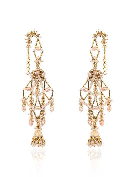 Long Gold Plated Handcrafted Earrings With Jhumka And Versatile White Stones