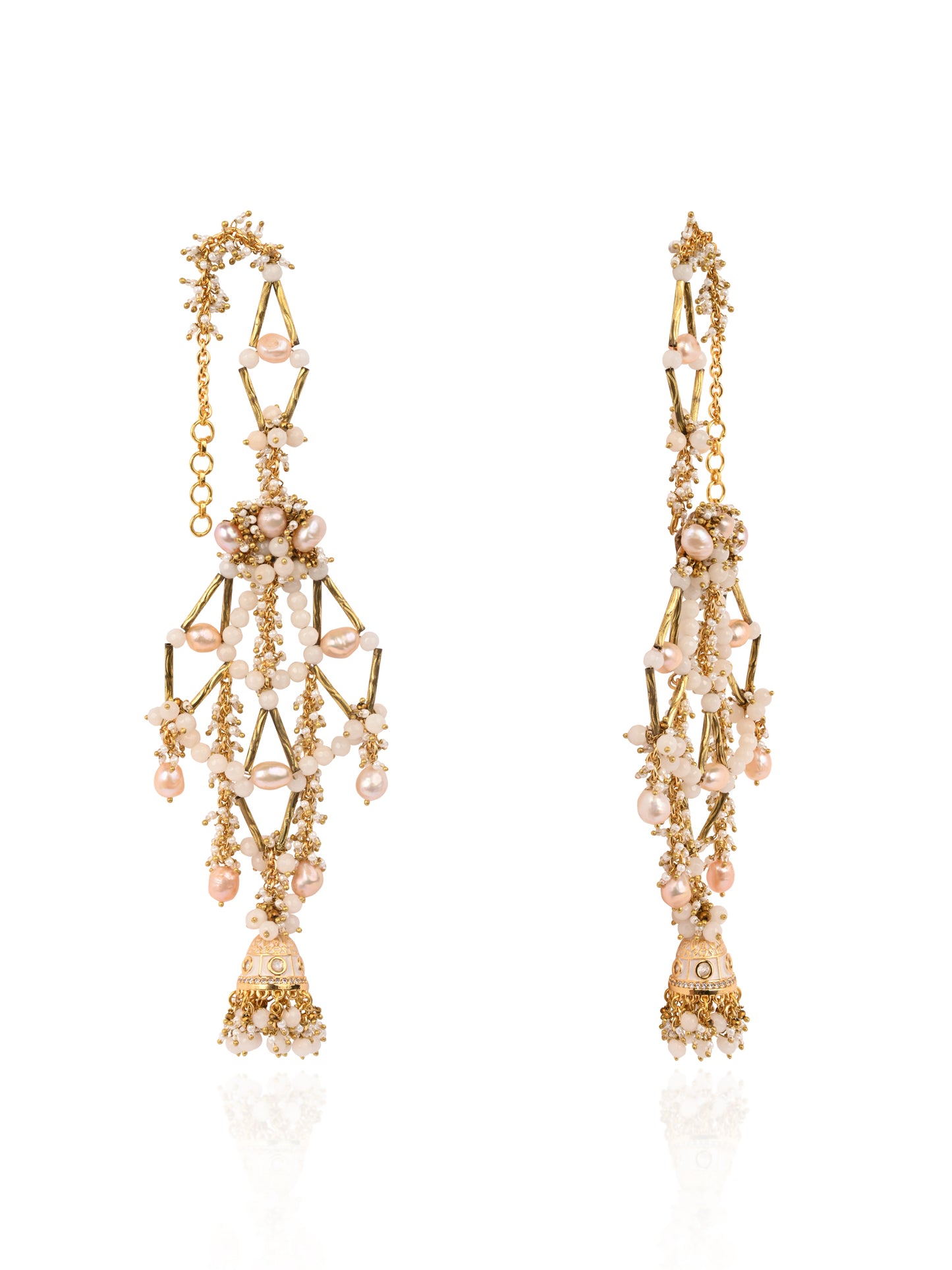 Long Gold Plated Handcrafted Earrings With Jhumka And Versatile White Stones