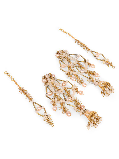 Long Gold Plated Handcrafted Earrings With Jhumka And Versatile White Stones