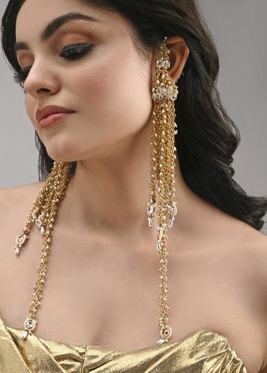 Handmade Golden Extra Long Earrings With Top Extentions And Kundan Hanging Going Below The Shoulder
