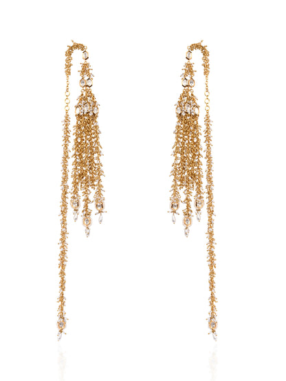 Handmade Golden Extra Long Earrings With Top Extentions And Kundan Hanging Going Below The Shoulder