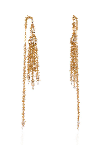 Handmade Golden Extra Long Earrings With Top Extentions And Kundan Hanging Going Below The Shoulder