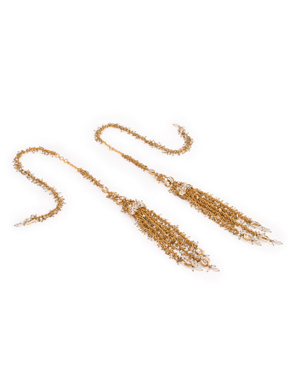 Handmade Golden Extra Long Earrings With Top Extentions And Kundan Hanging Going Below The Shoulder