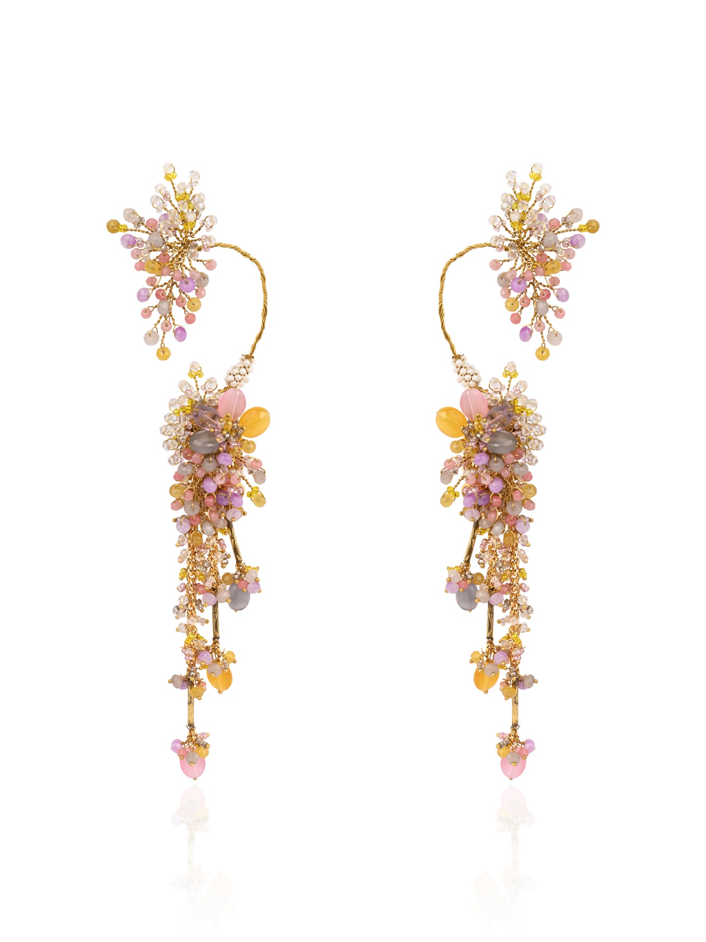 Handcrafted Three Layer Detachable Cuff Earrings Designed With Multicolour Stones