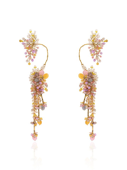 Handcrafted Three Layer Detachable Cuff Earrings Designed With Multicolour Stones