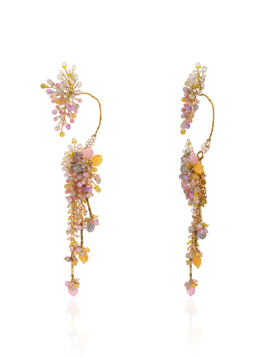 Handcrafted Three Layer Detachable Cuff Earrings Designed With Multicolour Stones