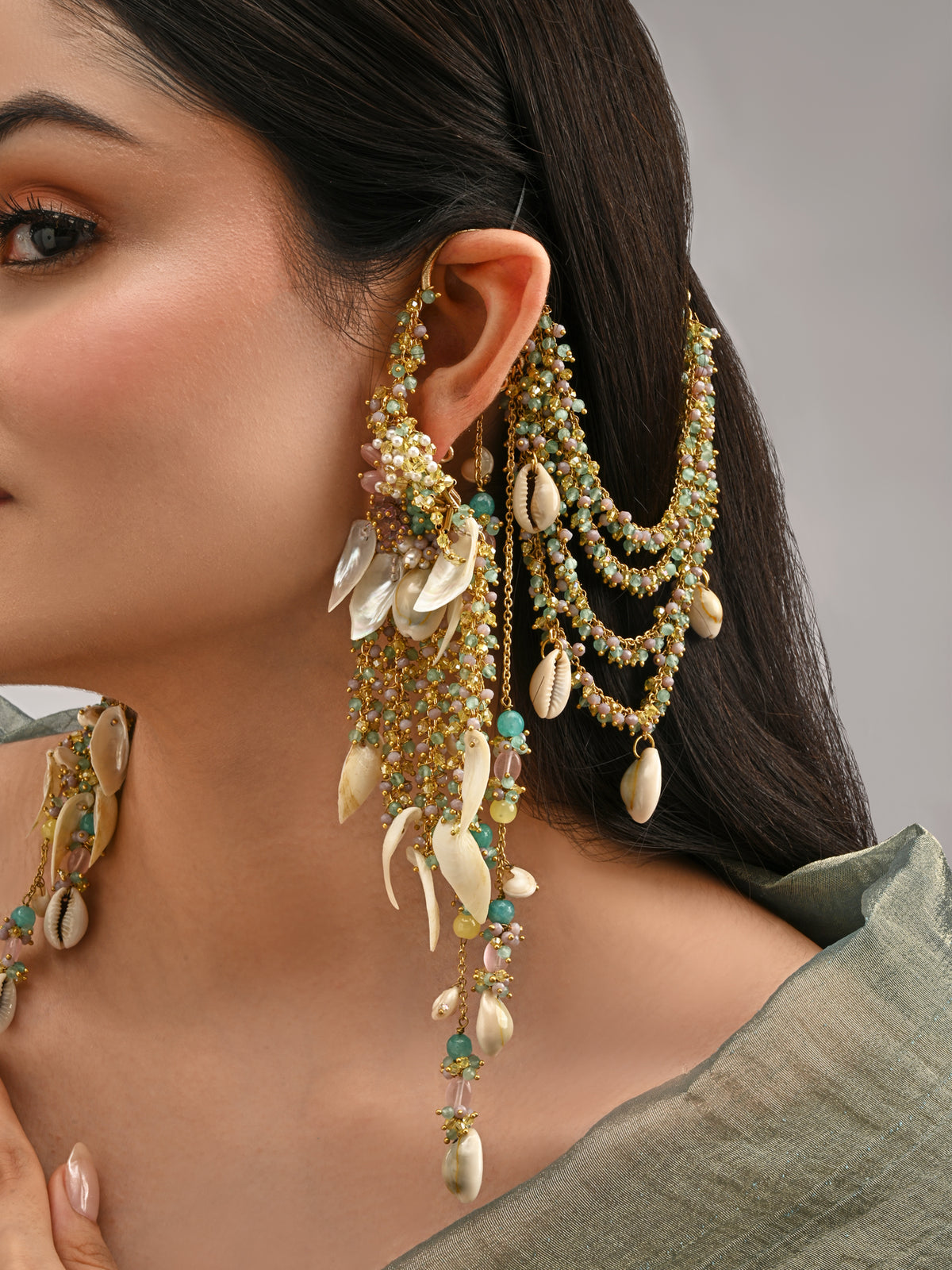 Handcrafted Multicolor Shell Earrings with Gold-Plated Kan Chain Ear Cuffs, Multi-Layered Chains, Intricate Shell Hangings & Vibrant Carnival Haldi Statement Design