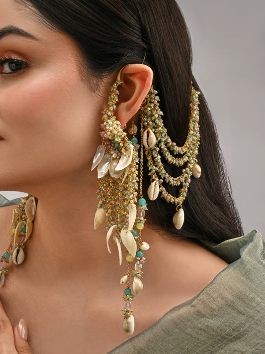 Handcrafted Multicolor Shell Earrings with Gold-Plated Kan Chain Ear Cuffs, Multi-Layered Chains, Intricate Shell Hangings & Vibrant Carnival Haldi Statement Design