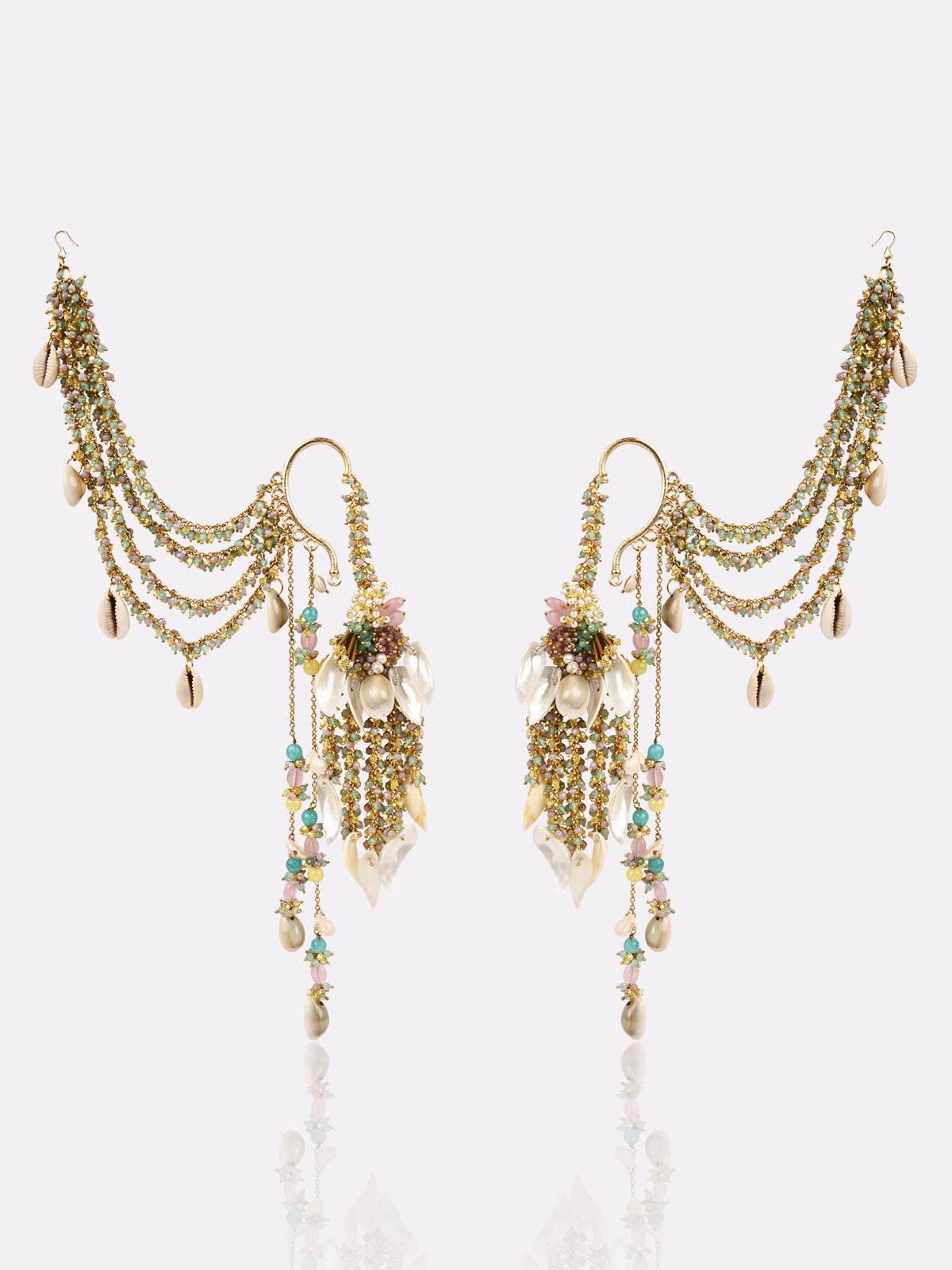 Handcrafted Multicolor Shell Earrings with Gold-Plated Kan Chain Ear Cuffs, Multi-Layered Chains, Intricate Shell Hangings & Vibrant Carnival Haldi Statement Design