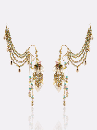 Handcrafted Multicolor Shell Earrings with Gold-Plated Kan Chain Ear Cuffs, Multi-Layered Chains, Intricate Shell Hangings & Vibrant Carnival Haldi Statement Design