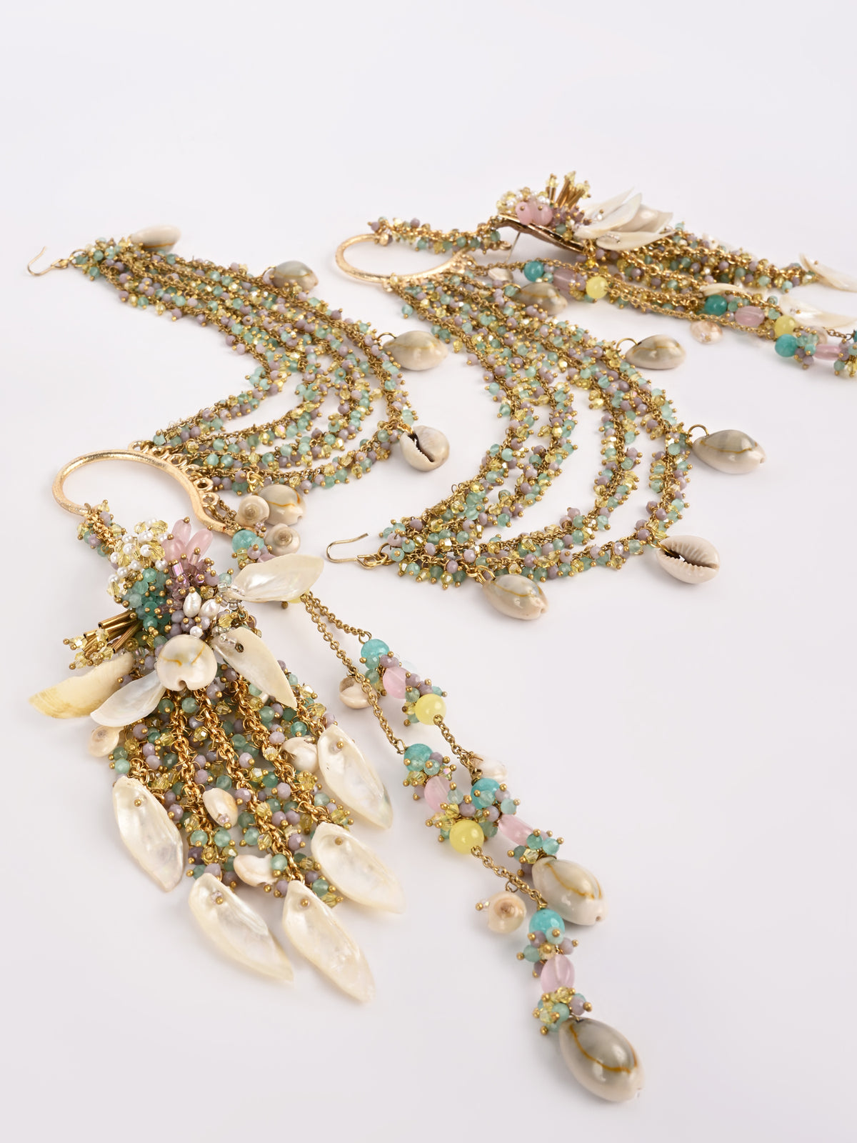 Handcrafted Multicolor Shell Earrings with Gold-Plated Kan Chain Ear Cuffs, Multi-Layered Chains, Intricate Shell Hangings & Vibrant Carnival Haldi Statement Design