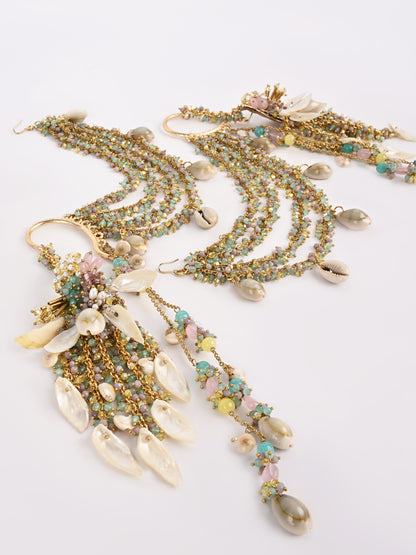 Handcrafted Multicolor Shell Earrings with Gold-Plated Kan Chain Ear Cuffs, Multi-Layered Chains, Intricate Shell Hangings & Vibrant Carnival Haldi Statement Design