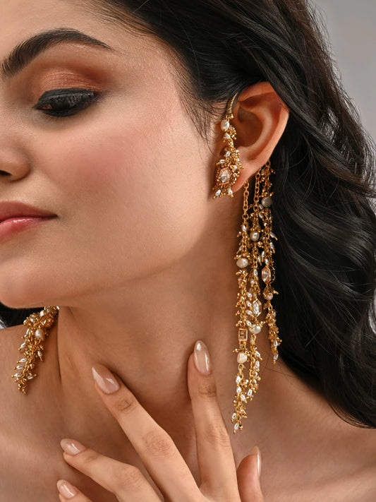 Golden Kundan Pearl Earrings with Kaanchain | Statement Bridal Earrings | Kundan Beaded Ear Chain Jewellery