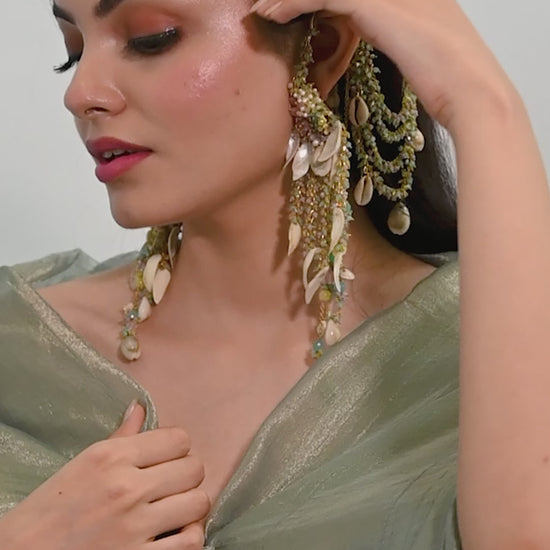 Handcrafted Multicolor Shell Earrings with Gold-Plated Kan Chain Ear Cuffs, Multi-Layered Chains, Intricate Shell Hangings & Vibrant Carnival Haldi Statement Design