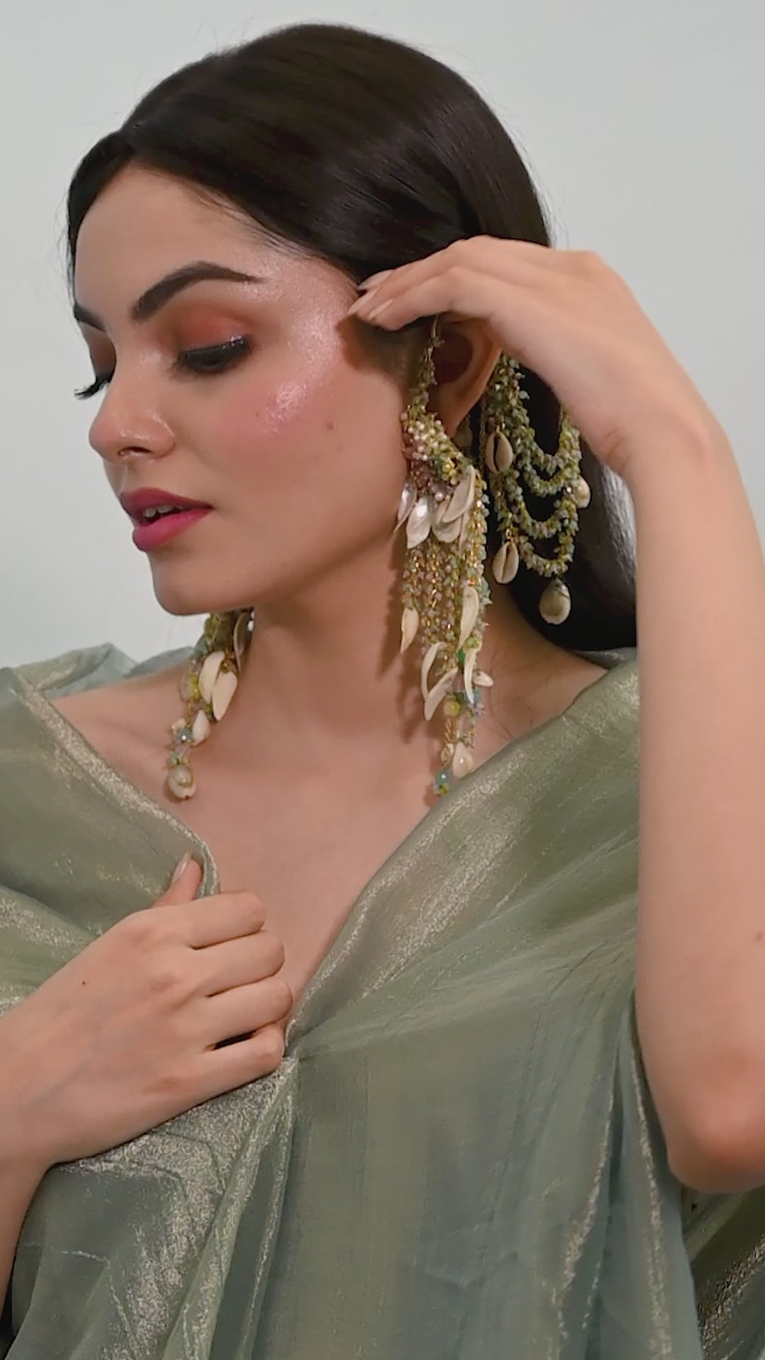 Handcrafted Multicolor Shell Earrings with Gold-Plated Kan Chain Ear Cuffs, Multi-Layered Chains, Intricate Shell Hangings & Vibrant Carnival Haldi Statement Design