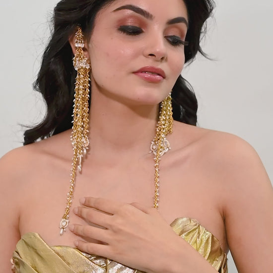Handmade Golden Extra Long Earrings With Top Extentions And Kundan Hanging Going Below The Shoulder