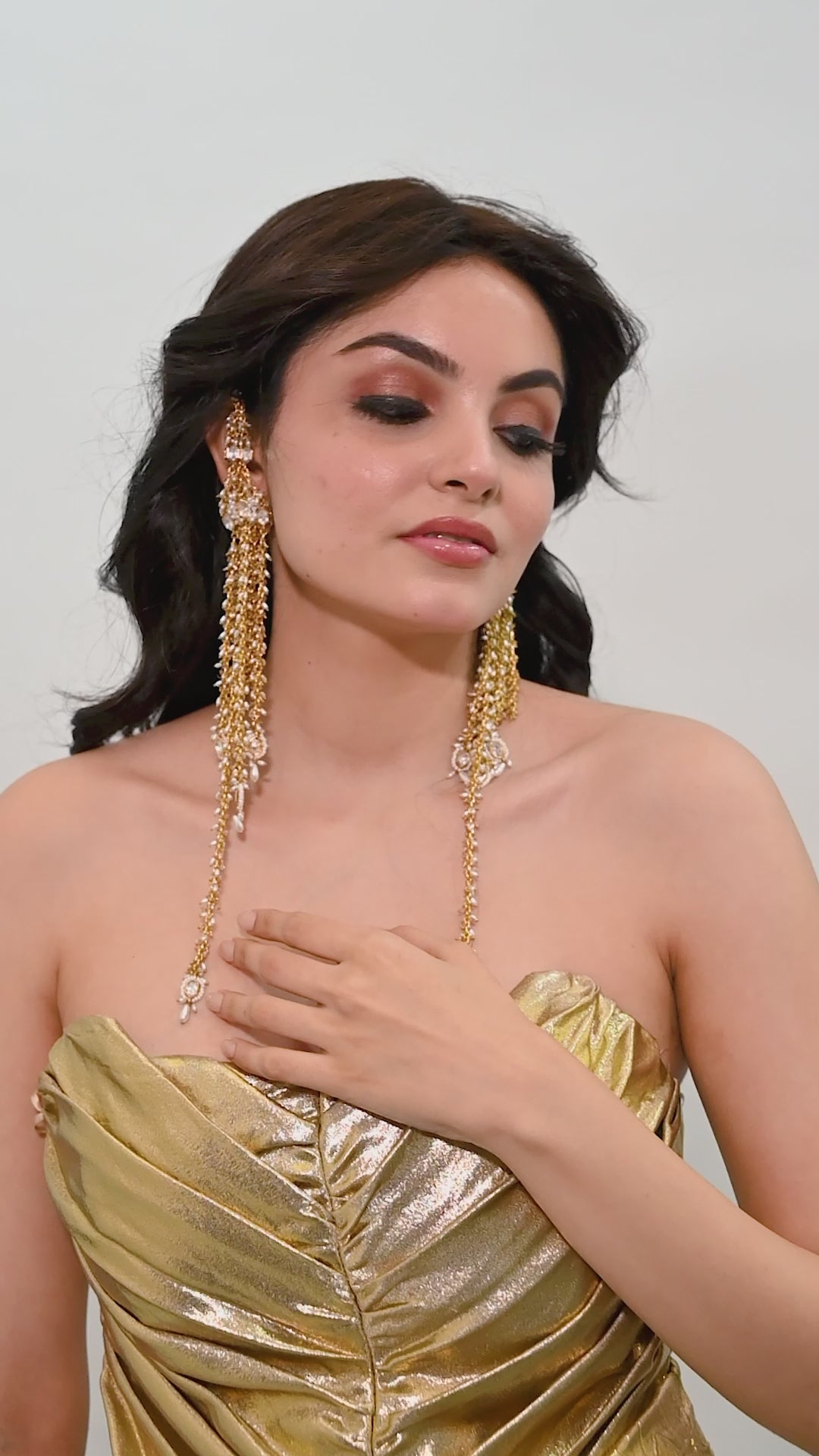 Handmade Golden Extra Long Earrings With Top Extentions And Kundan Hanging Going Below The Shoulder