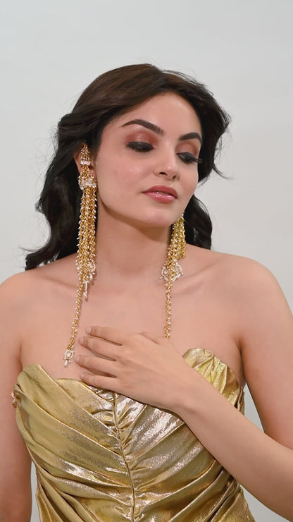Handmade Golden Extra Long Earrings With Top Extentions And Kundan Hanging Going Below The Shoulder