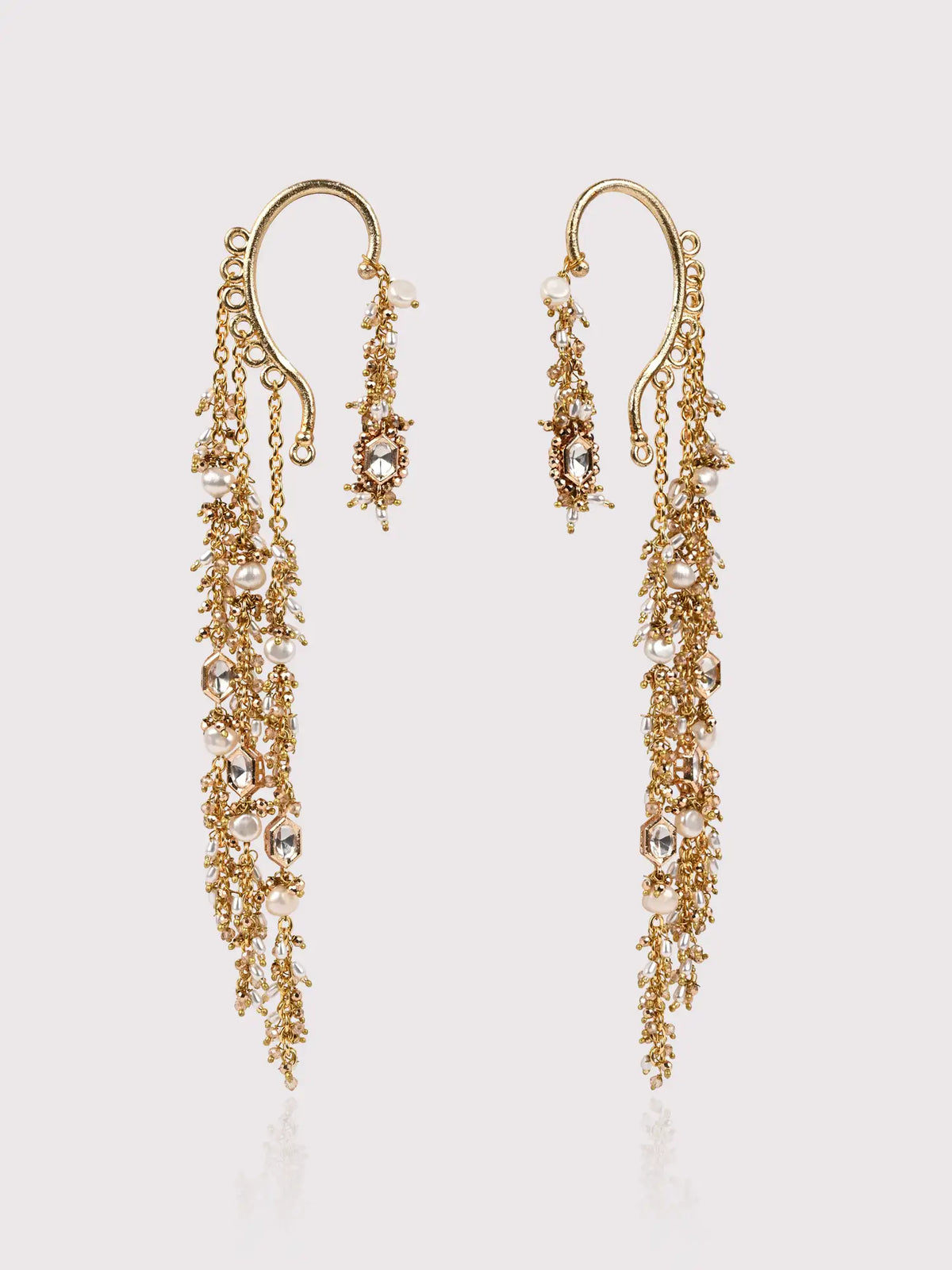 Golden Kundan Pearl Earrings with Kaanchain | Statement Bridal Earrings | Kundan Beaded Ear Chain Jewellery