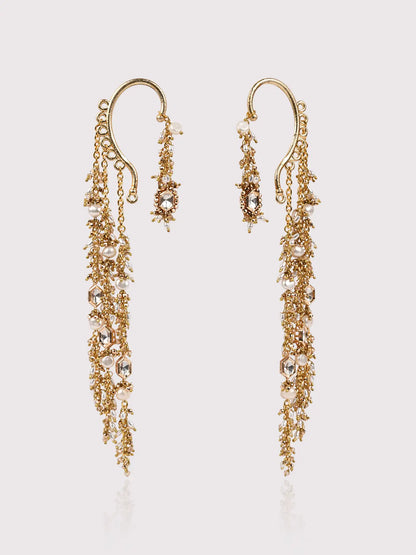Golden Kundan Pearl Earrings with Kaanchain | Statement Bridal Earrings | Kundan Beaded Ear Chain Jewellery