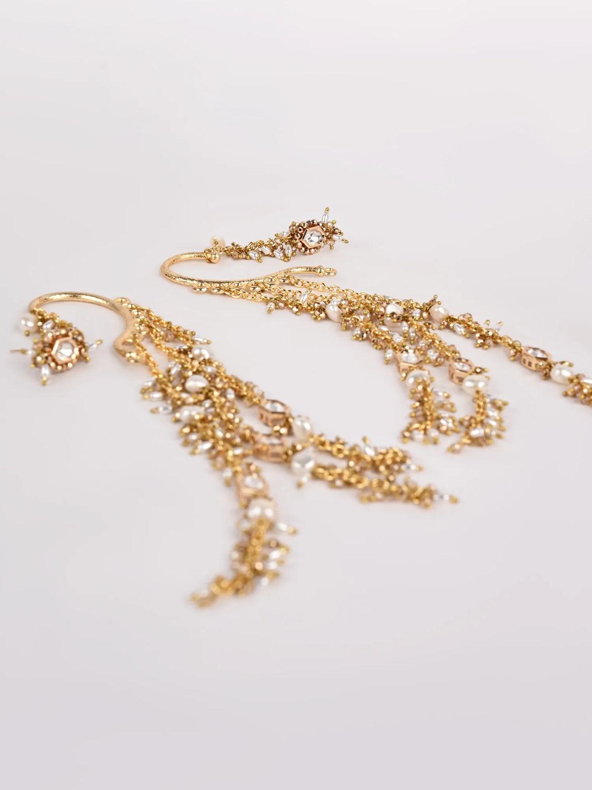 Golden Kundan Pearl Earrings with Kaanchain | Statement Bridal Earrings | Kundan Beaded Ear Chain Jewellery
