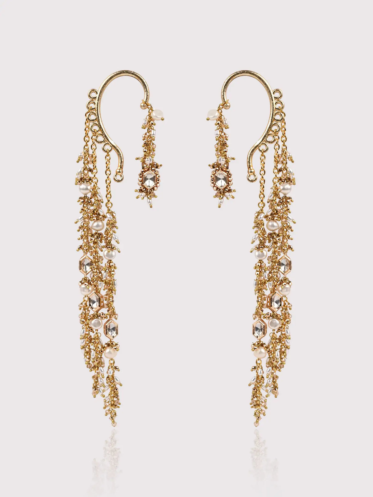 Golden Kundan Pearl Earrings with Kaanchain | Statement Bridal Earrings | Kundan Beaded Ear Chain Jewellery