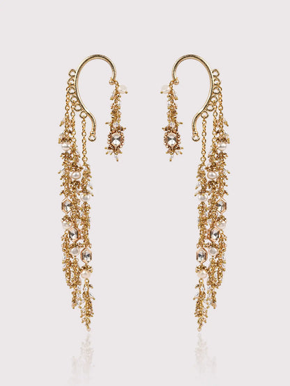 Golden Kundan Pearl Earrings with Kaanchain | Statement Bridal Earrings | Kundan Beaded Ear Chain Jewellery